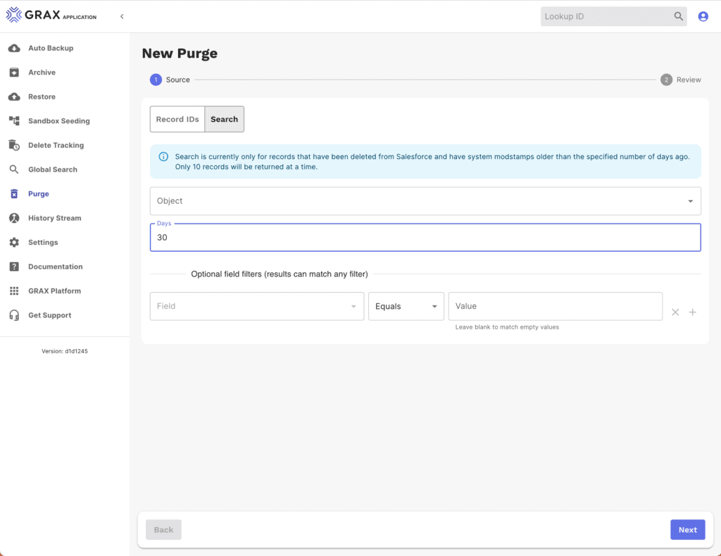 GRAX Data Purge for Salesforce Data Screenshot